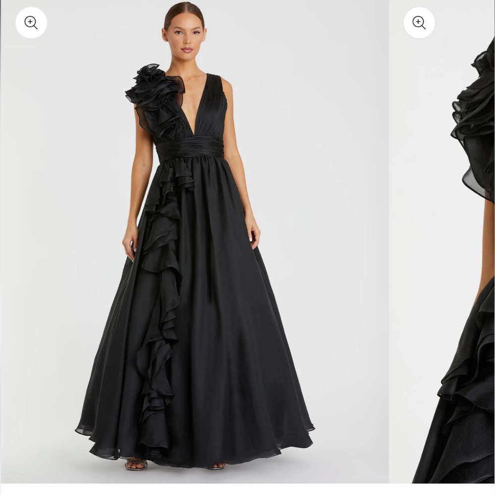 MAC DUGGAL Black Ruffle Shoulder V-Neck Chiffon Gown